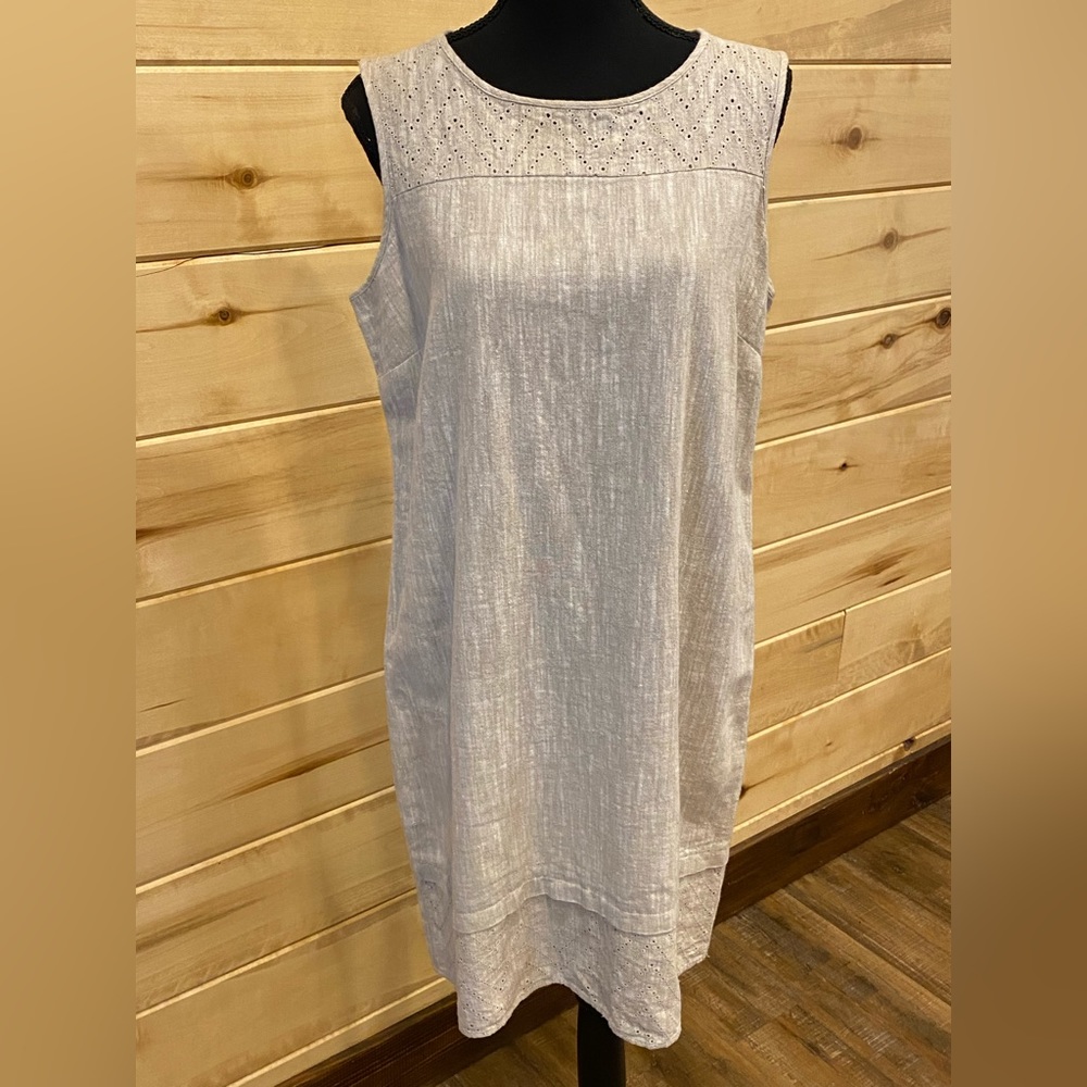 Dana Buchman Beige Linen & Cotton Dress with Beige Eyelit Trim at Neck & Hem